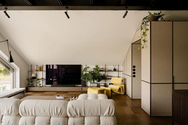 Эффектный современный дизайн мансардной квартиры с сауной в кракове