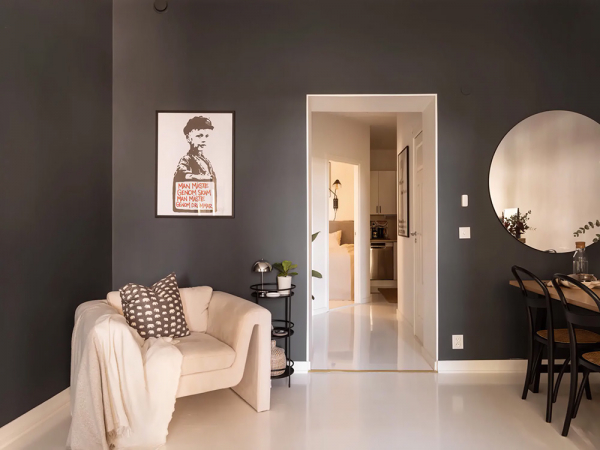 Чёрные стены, белый пол: интерьер на контрастах в гетеборге (65 кв. М) Чёрные стены, белый пол: интерьер на контрастах в гетеборге (65 кв. М)