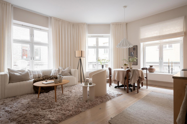 Кремовый интерьер современной скандинавской квартиры (66 кв. М)