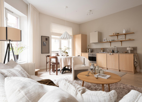 Кремовый интерьер современной скандинавской квартиры (66 кв. М)