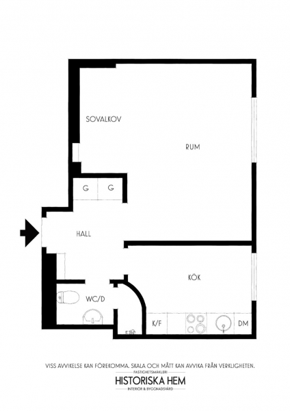Маленький и нежный интерьер в стокгольме со спальней за шторкой (33 кв. М)